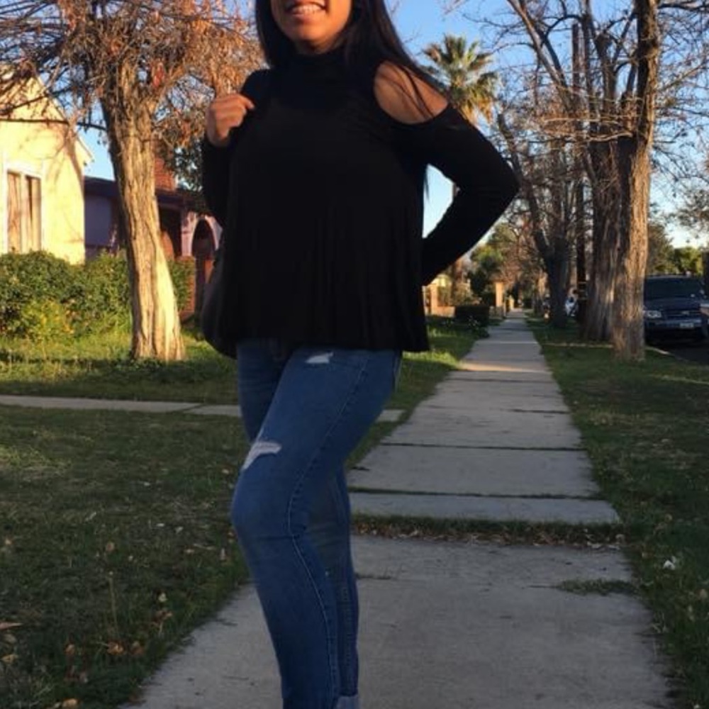 Black Turtle Neck Long Sleeve Shoulder-less Top